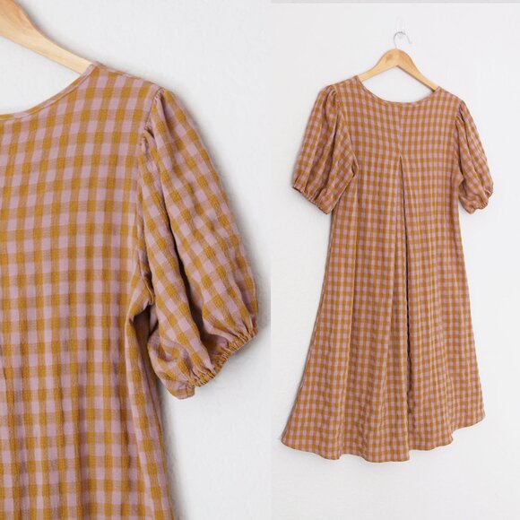 Reminiscence Gingham Plaid Seersucker Puff Short Sleeves Flared Dress Mini Tan - Picture 10 of 13